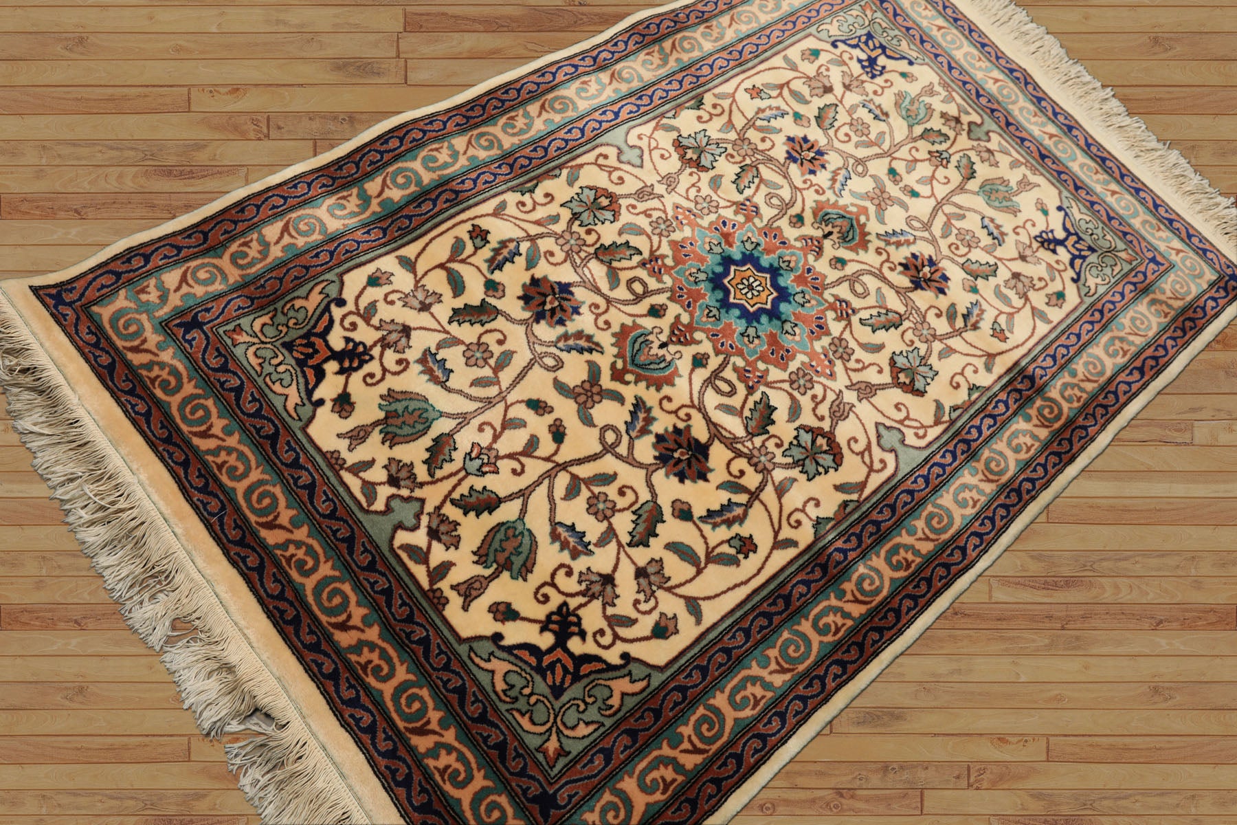 3x5 Ivory, Navy, Turquoise Color Hand Knotted French Aubusson Savonerrie Wool Traditional Oriental Rug