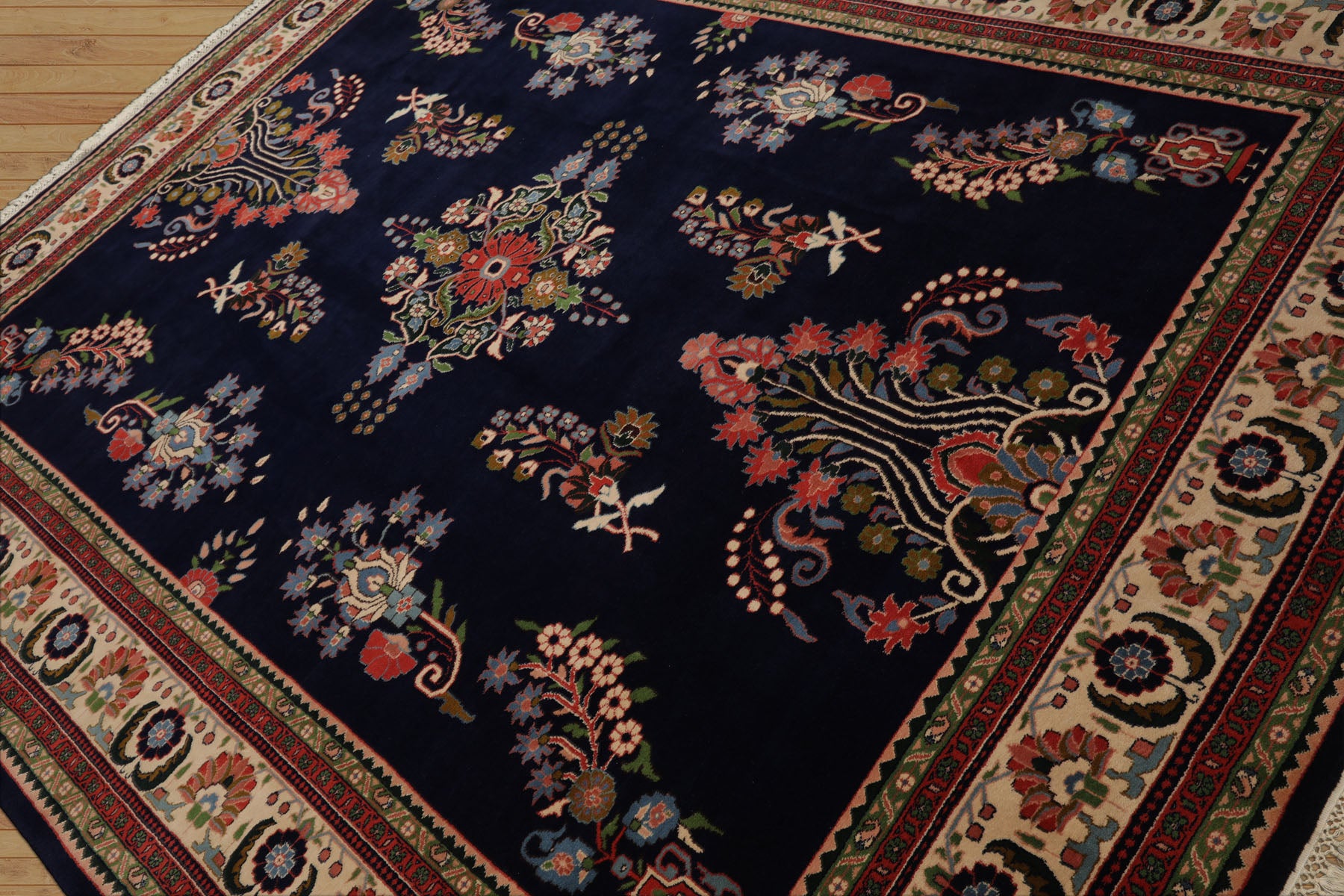 8x10 Navy, Ivory, Green Color Hand Knotted Sarouk New Zealand Wool Traditional Oriental Rug