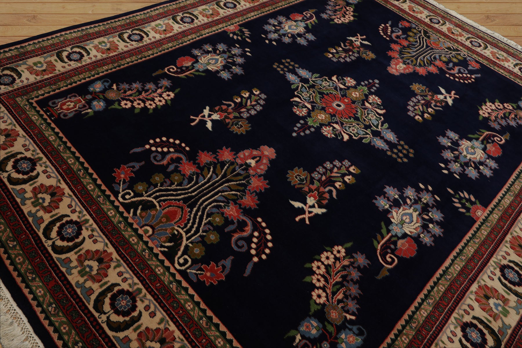 8x10 Navy, Ivory, Green Color Hand Knotted Sarouk New Zealand Wool Traditional Oriental Rug