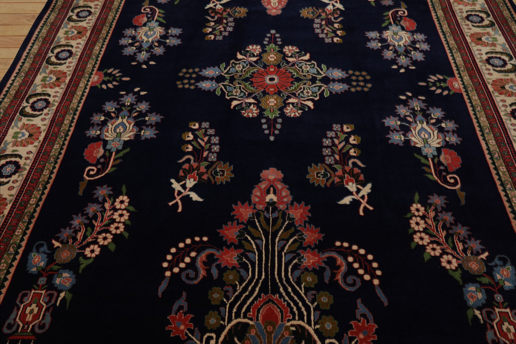 8x10 Navy, Ivory, Green Color Hand Knotted Sarouk New Zealand Wool Traditional Oriental Rug