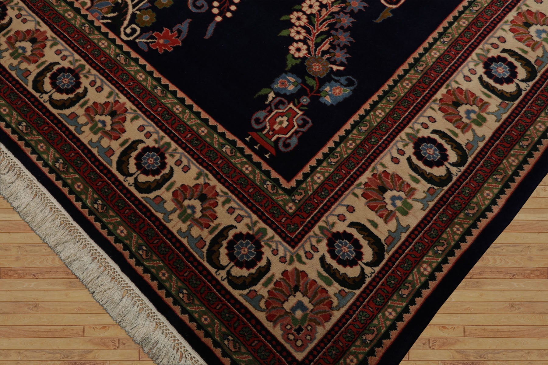 8x10 Navy, Ivory, Green Color Hand Knotted Sarouk New Zealand Wool Traditional Oriental Rug