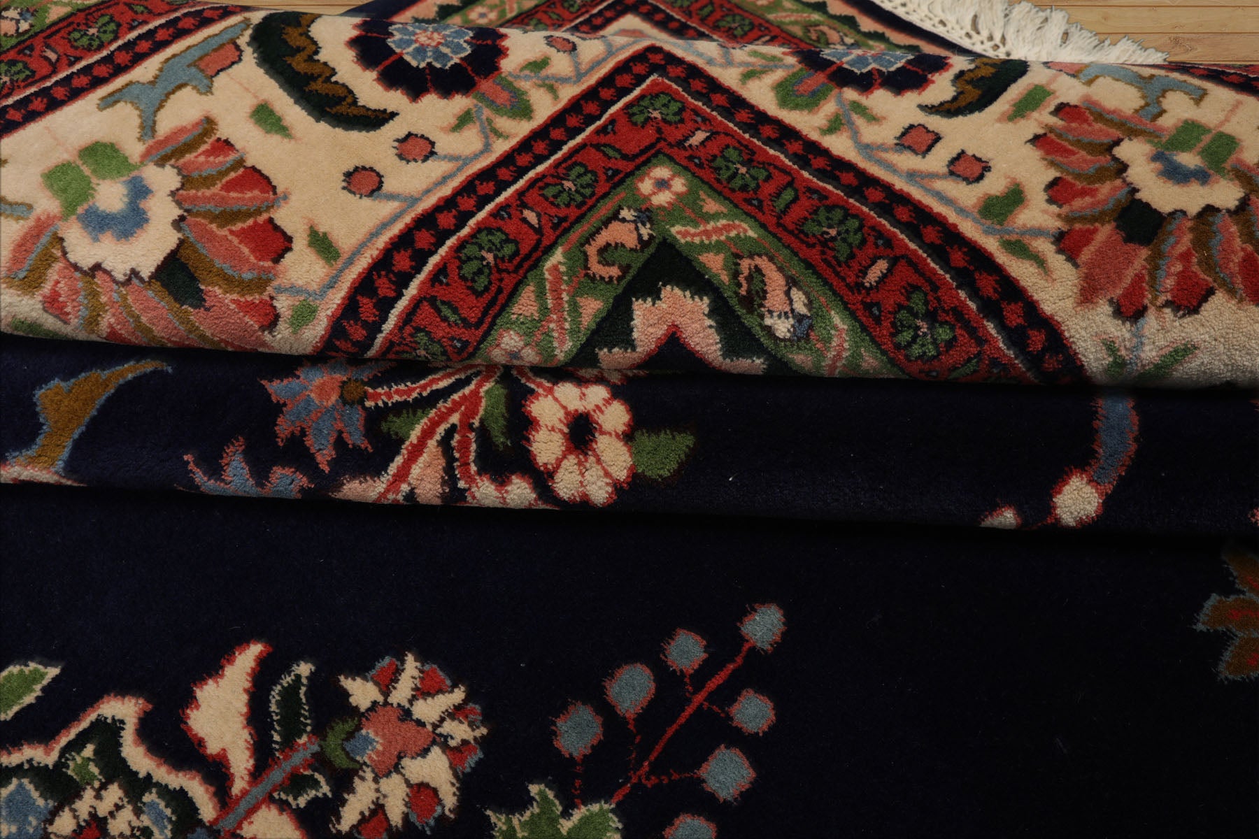 8x10 Navy, Ivory, Green Color Hand Knotted Sarouk New Zealand Wool Traditional Oriental Rug