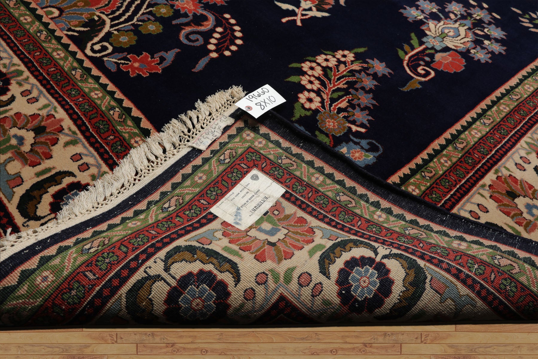 8x10 Navy, Ivory, Green Color Hand Knotted Sarouk New Zealand Wool Traditional Oriental Rug