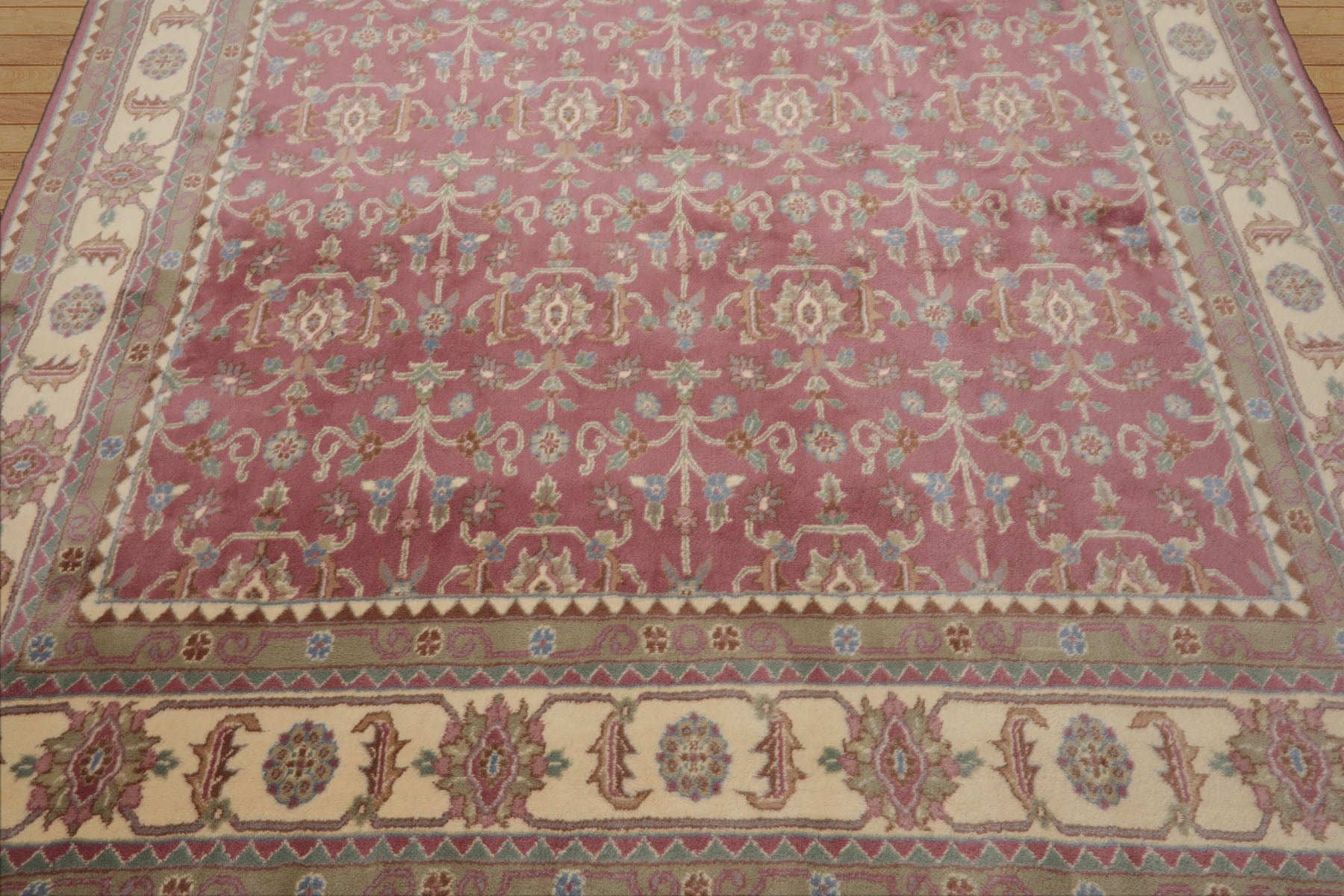 8x10 Faded Plum, Ivory, Sage Color Hand Knotted Agra New Zealand Wool Traditional Oriental Rug
