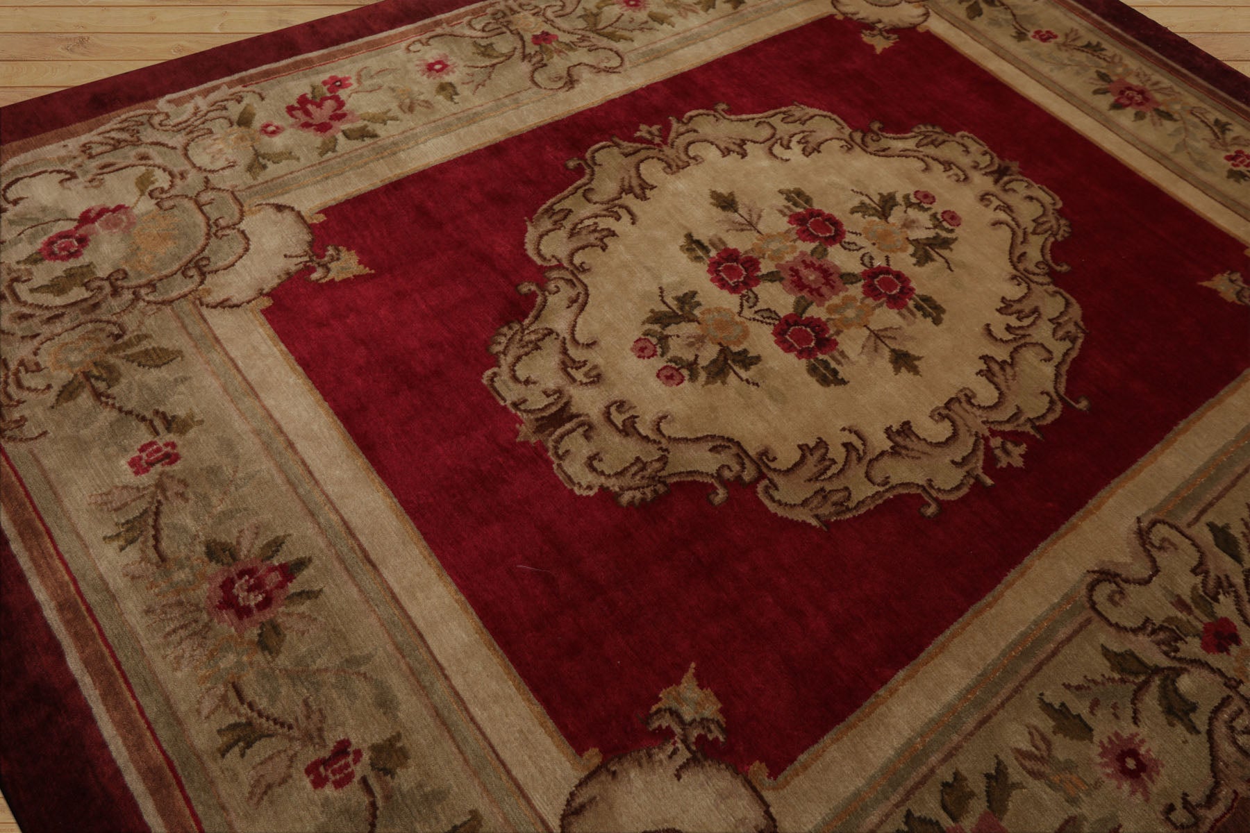 8x10 Crimson, Green, Tan Color Hand Knotted French Aubusson Savonnerie Wool Traditional Oriental Rug
