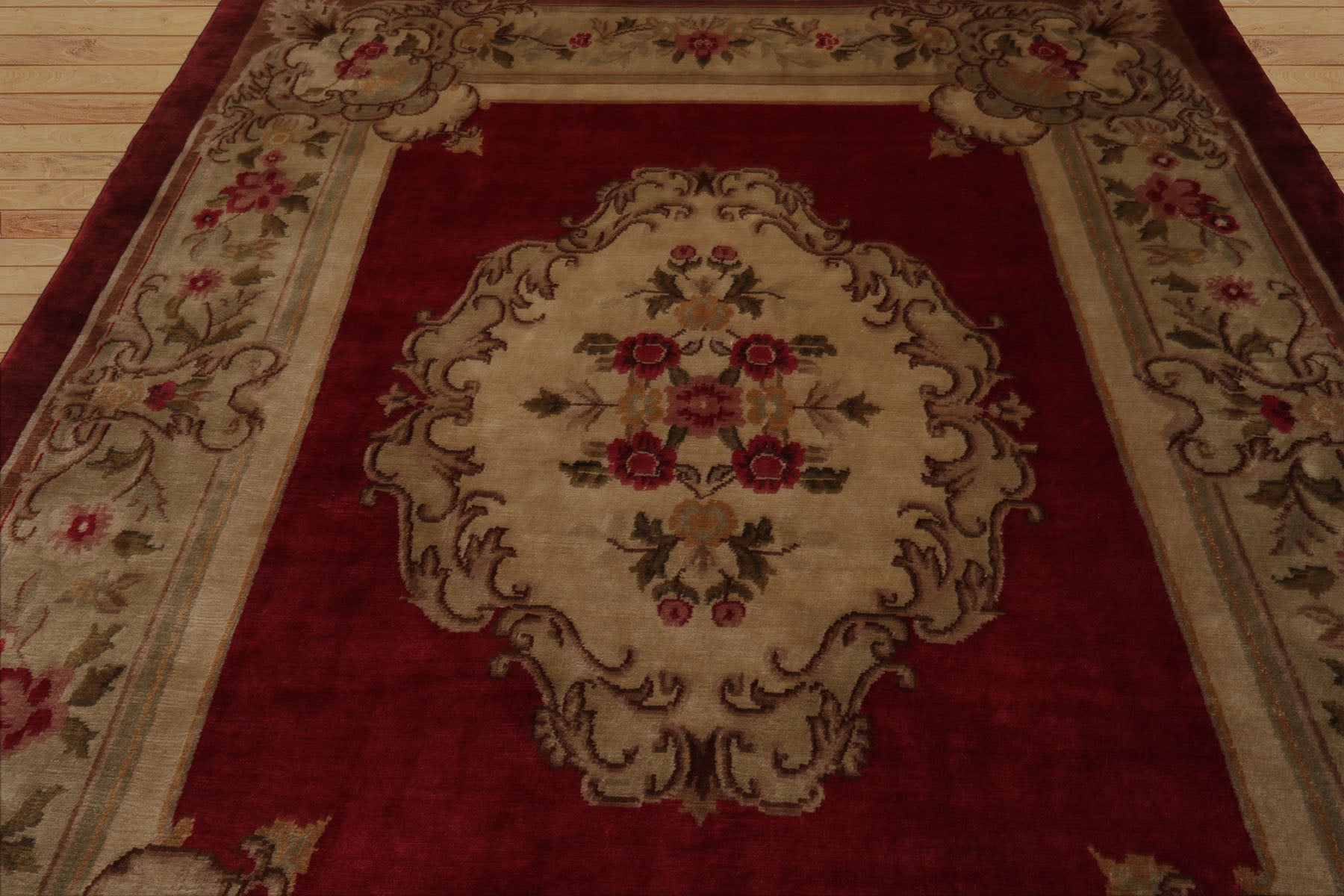 8x10 Crimson, Green, Tan Color Hand Knotted French Aubusson Savonnerie Wool Traditional Oriental Rug