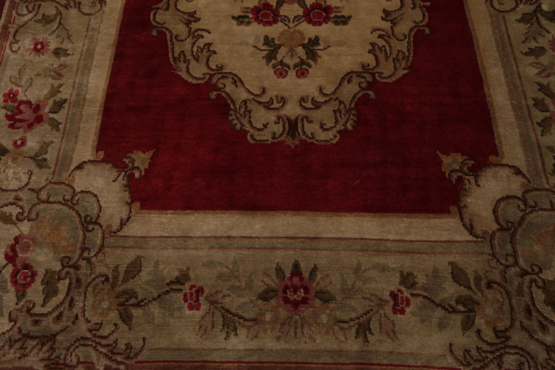 8x10 Crimson, Green, Tan Color Hand Knotted French Aubusson Savonnerie Wool Traditional Oriental Rug