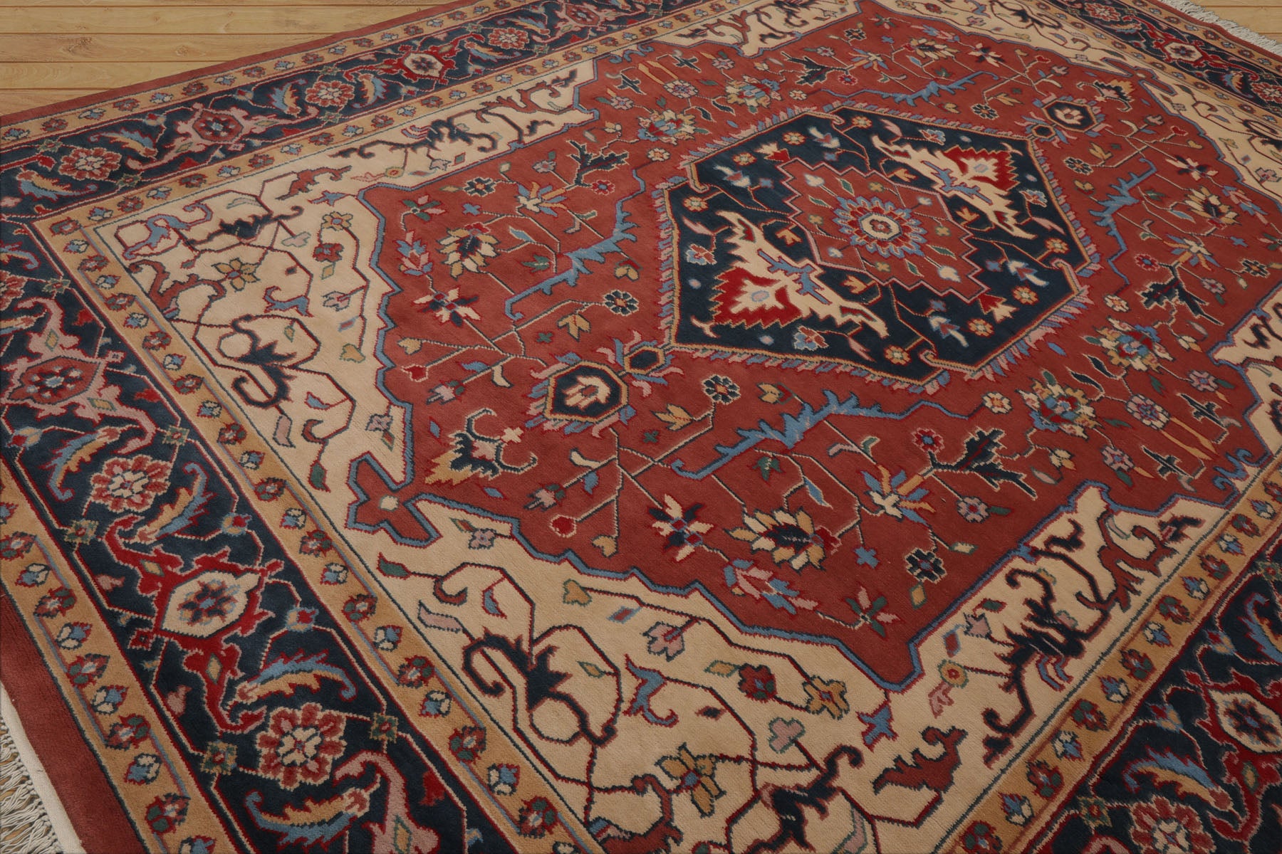 9x12 Salmon, Navy, Tan Color Hand Knotted Heriz Wool Traditional Oriental Rug