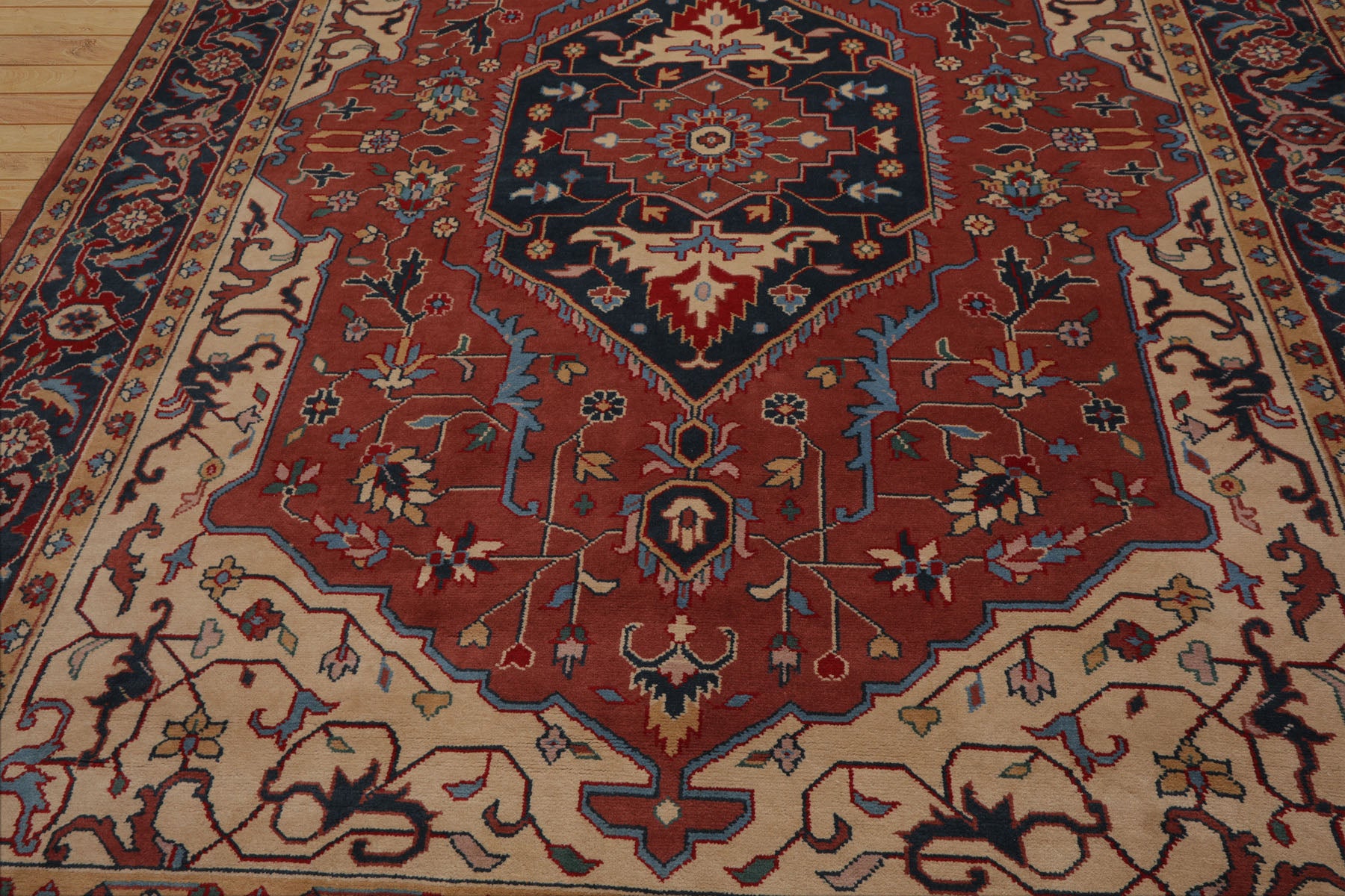 9x12 Salmon, Navy, Tan Color Hand Knotted Heriz Wool Traditional Oriental Rug