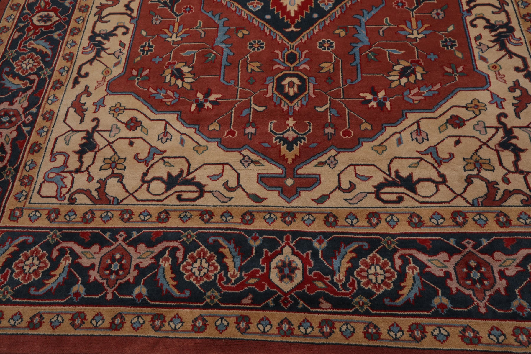 9x12 Salmon, Navy, Tan Color Hand Knotted Heriz Wool Traditional Oriental Rug