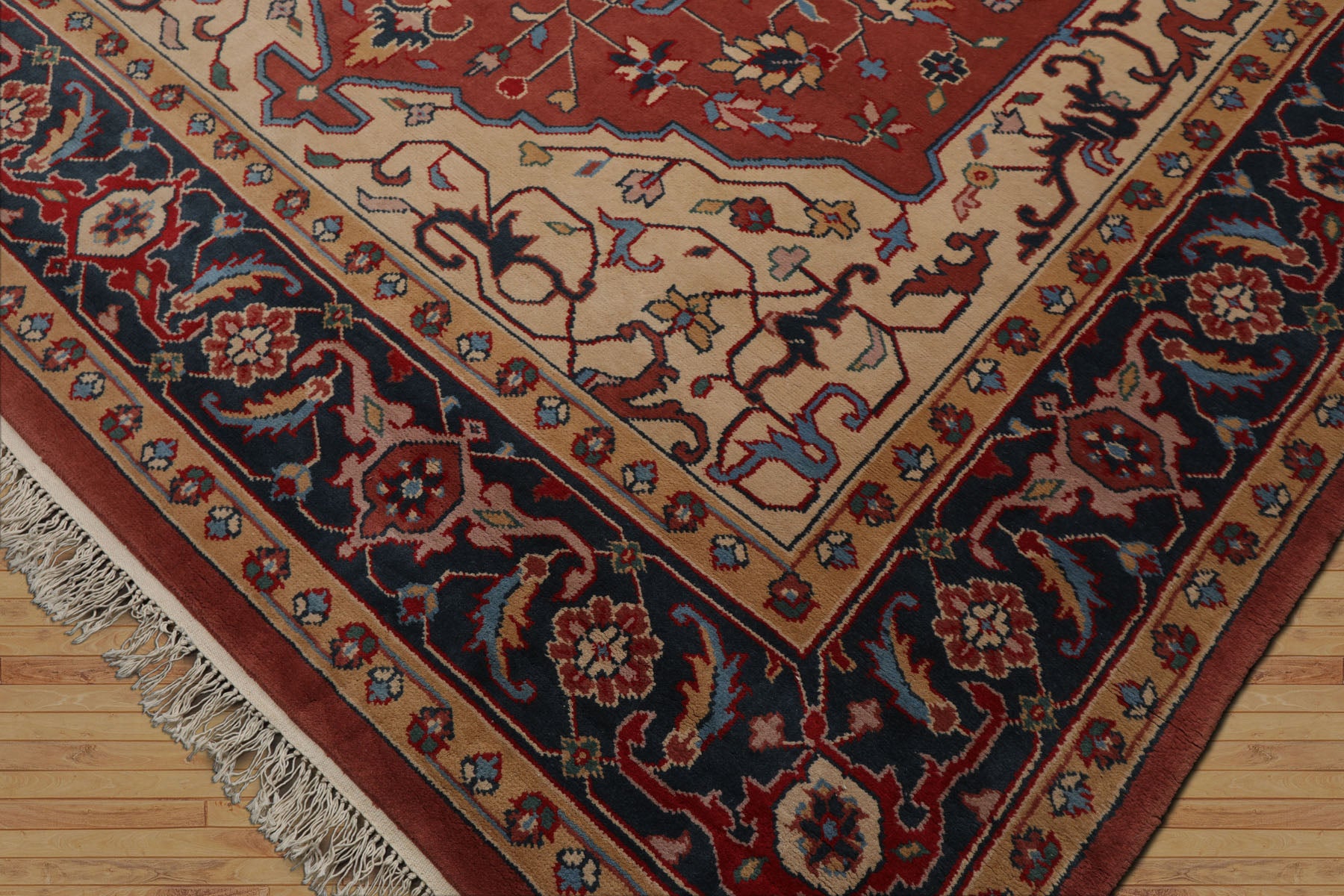 9x12 Salmon, Navy, Tan Color Hand Knotted Heriz Wool Traditional Oriental Rug