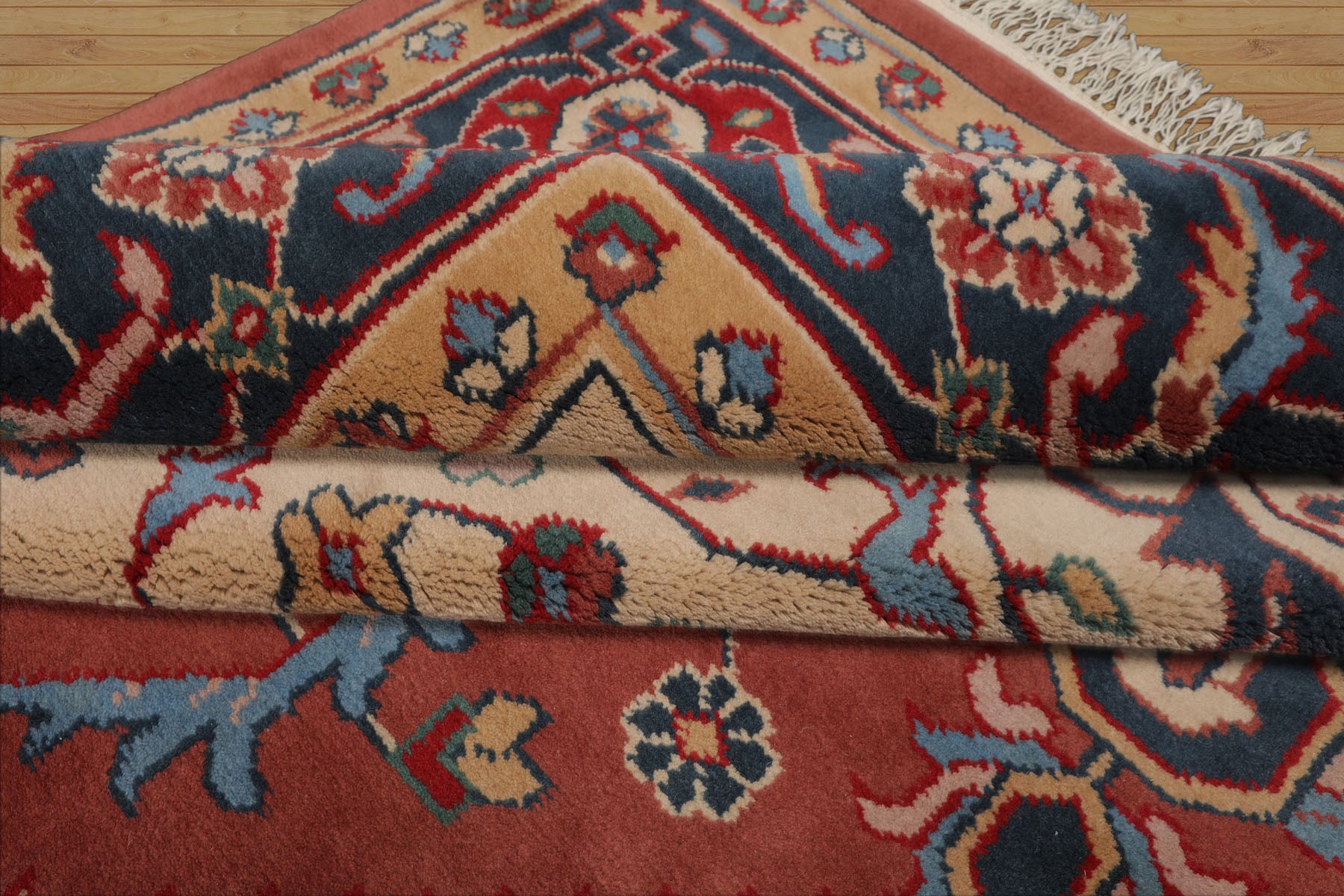 9x12 Salmon, Navy, Tan Color Hand Knotted Heriz Wool Traditional Oriental Rug