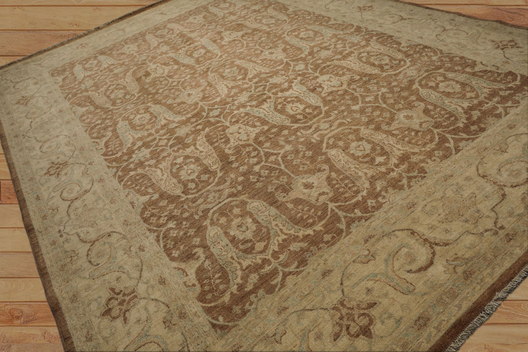 9x12 Brown, Beige, Aqua Color Hand Knotted Peshawar Wool Transitional Oriental Rug