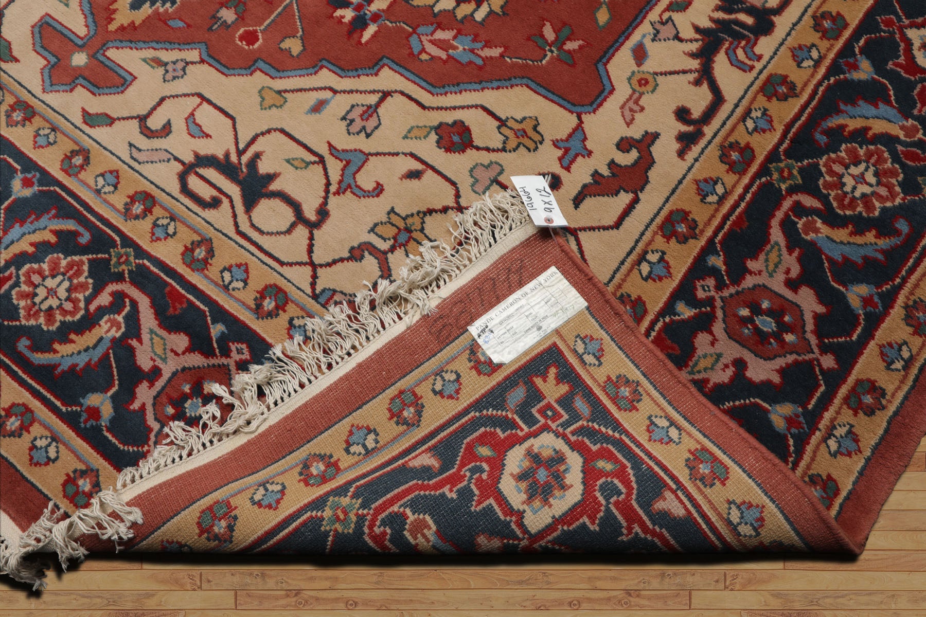 9x12 Salmon, Navy, Tan Color Hand Knotted Heriz Wool Traditional Oriental Rug