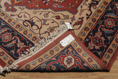 9x12 Salmon, Navy, Tan Color Hand Knotted Heriz Wool Traditional Oriental Rug