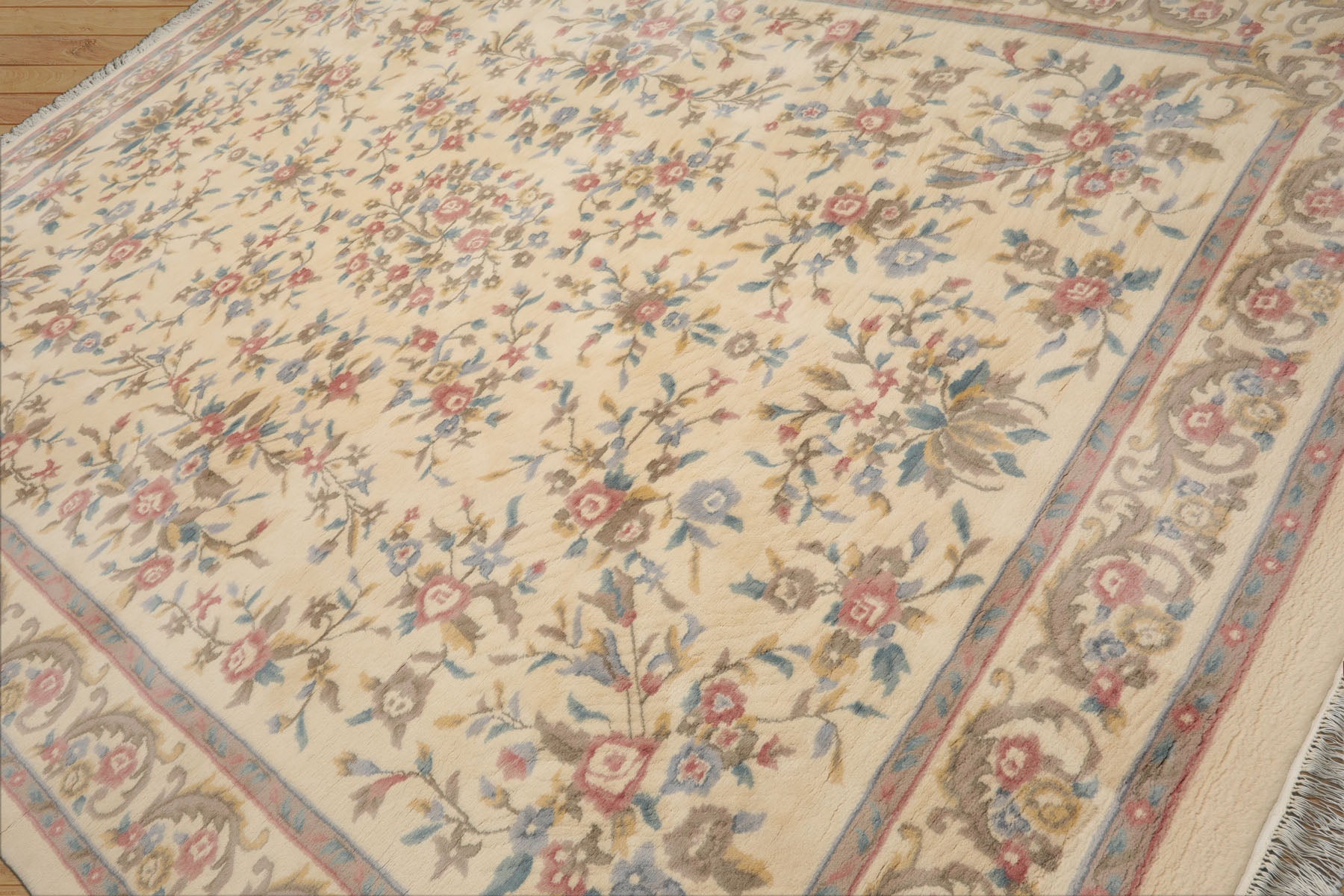 9x12 Ivory, Taupe, Rose Color Hand Knotted Kashan Wool Traditional Oriental Rug