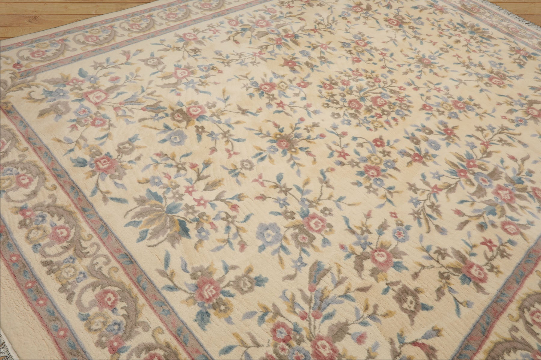 9x12 Ivory, Taupe, Rose Color Hand Knotted Kashan Wool Traditional Oriental Rug