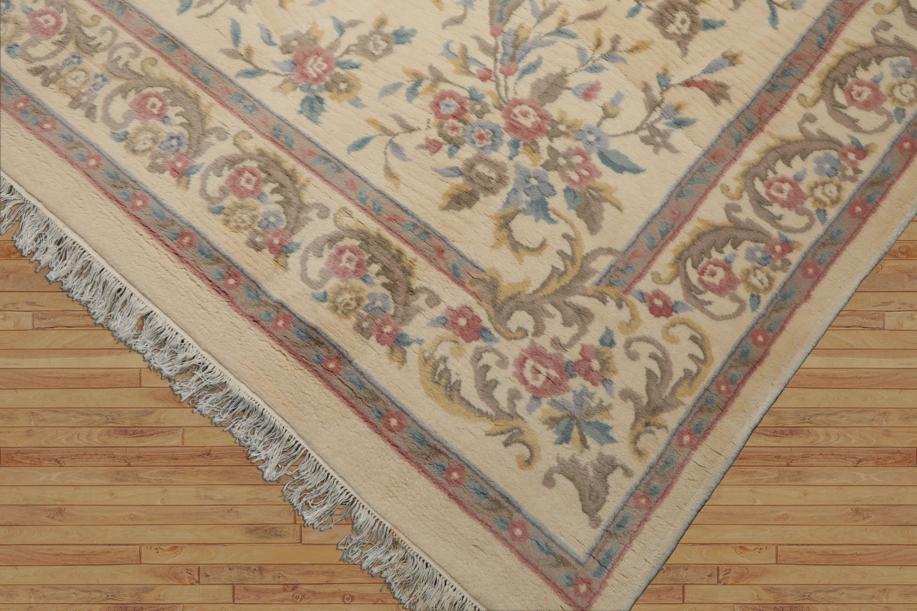9x12 Ivory, Taupe, Rose Color Hand Knotted Kashan Wool Traditional Oriental Rug