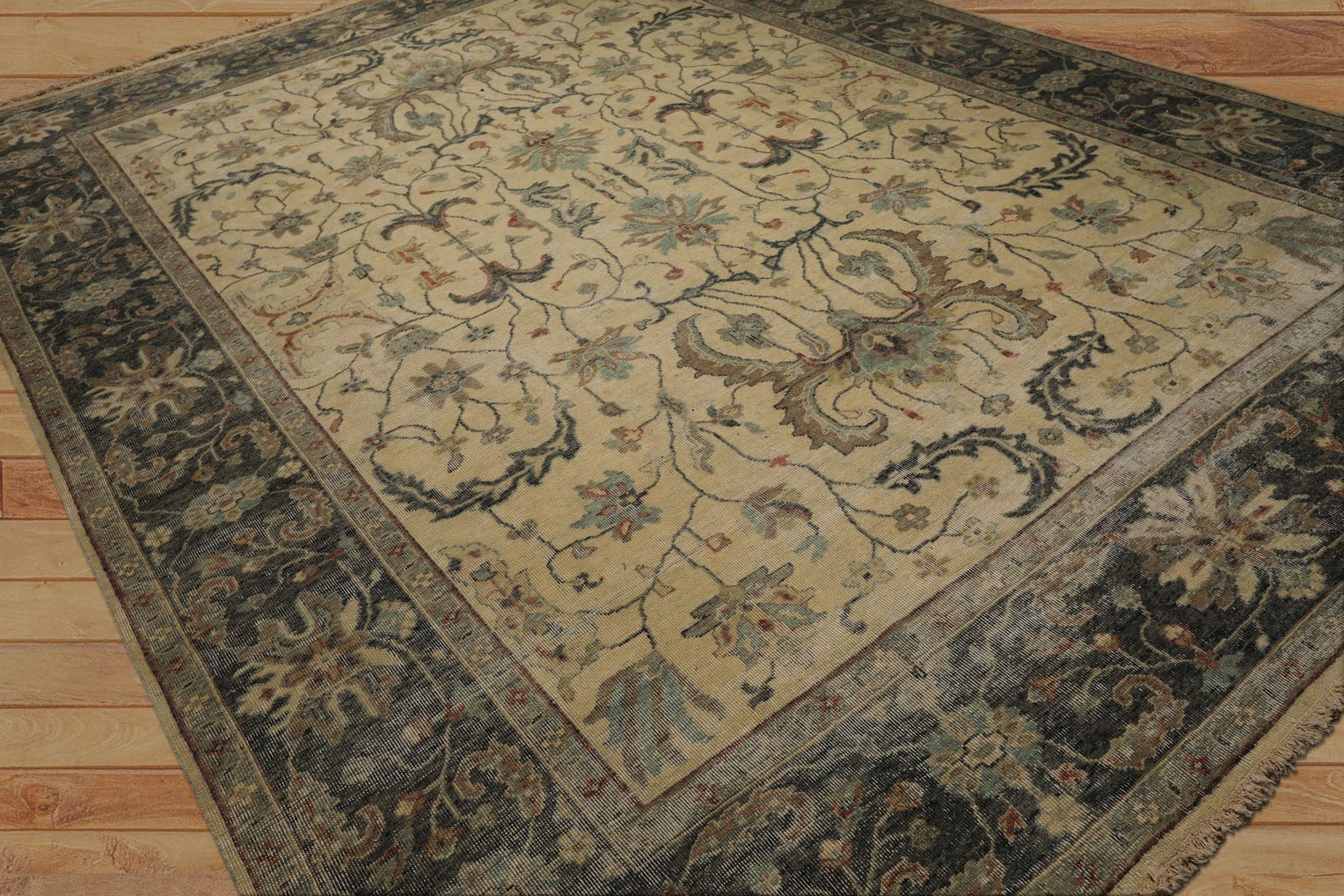 9x12 Beige, Gray, Aqua Color Hand Knotted  Wool Transitional Oriental Rug