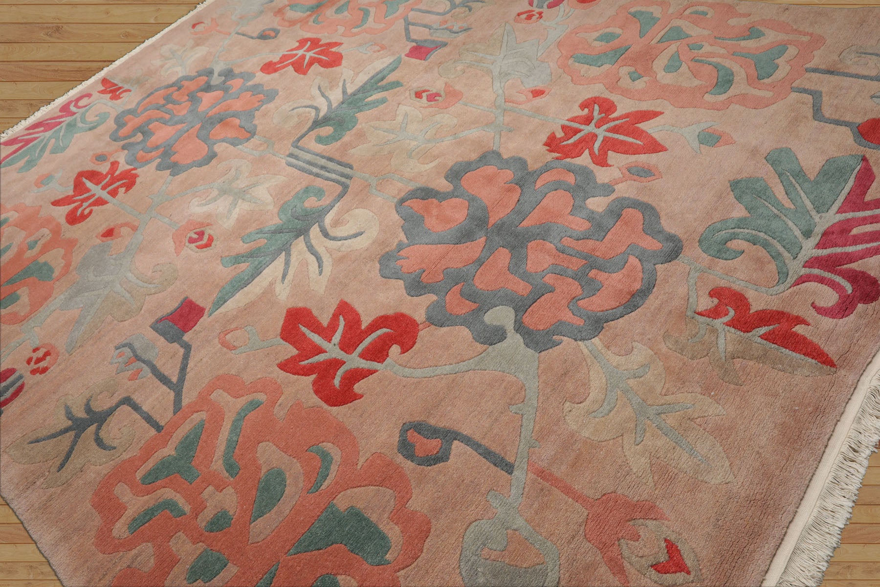 9x12 Beige, Peach, Rose Color Hand Knotted Tibetan Wool Art Deco Oriental Rug