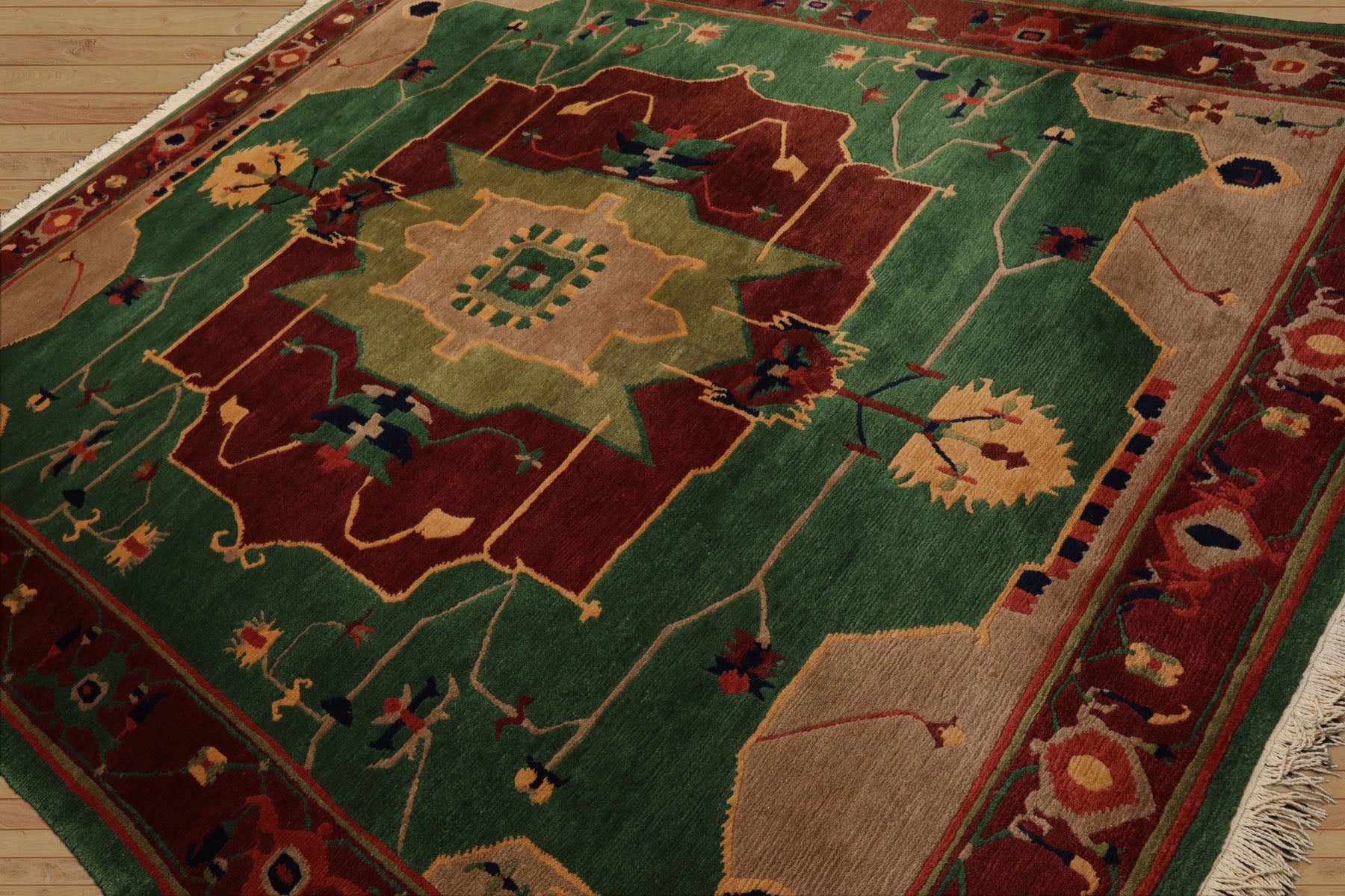 8x10 Green, Chocolate, Taupe Color Hand Knotted Tibetan Wool Arts & Crafts Oriental Rug