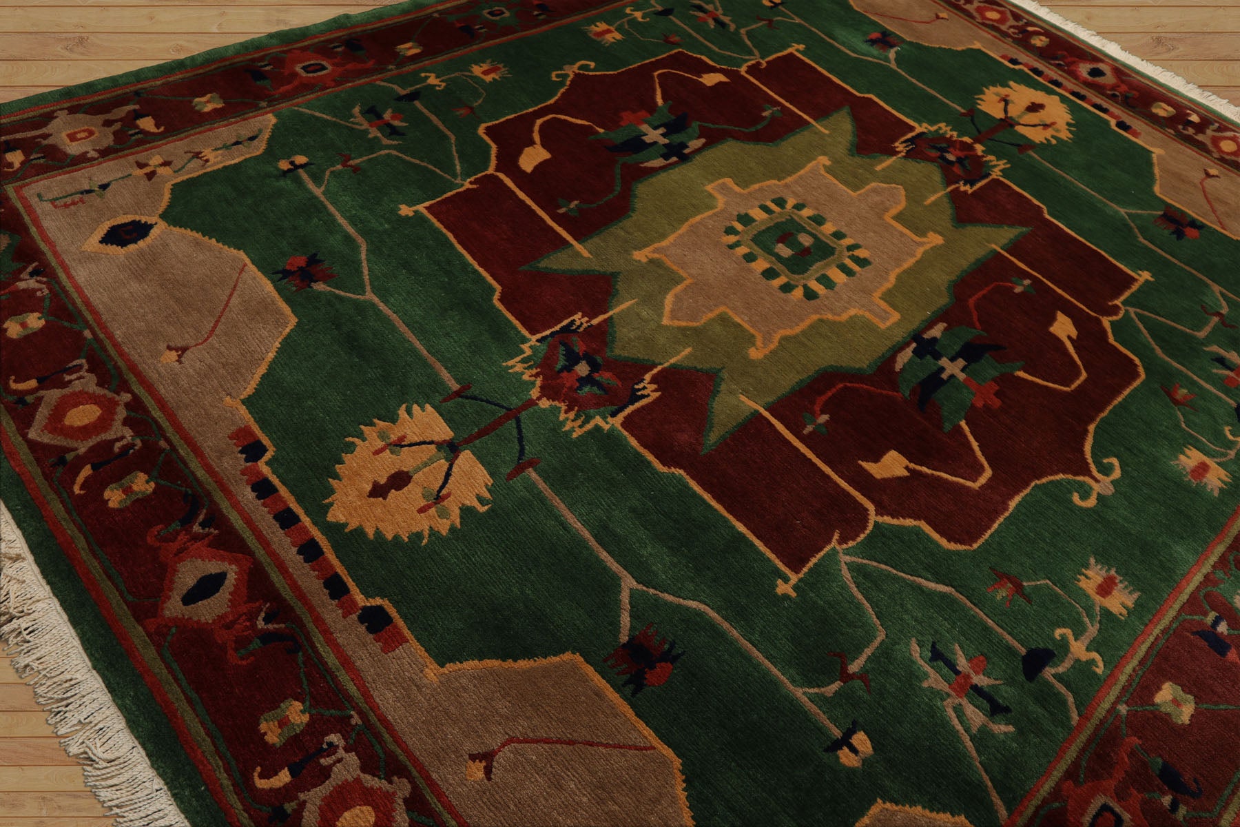 8x10 Green, Chocolate, Taupe Color Hand Knotted Tibetan Wool Arts & Crafts Oriental Rug