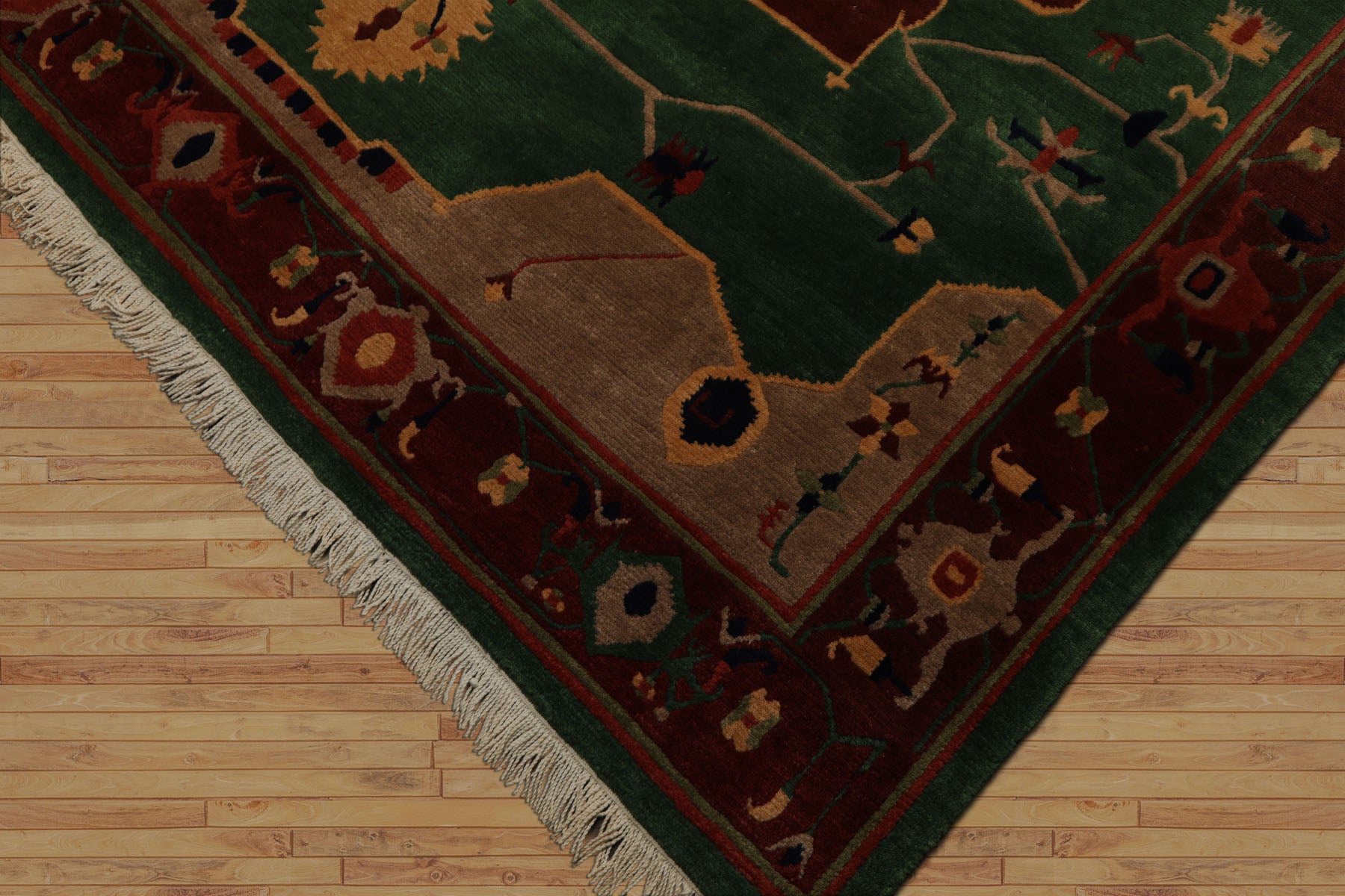 8x10 Green, Chocolate, Taupe Color Hand Knotted Tibetan Wool Arts & Crafts Oriental Rug