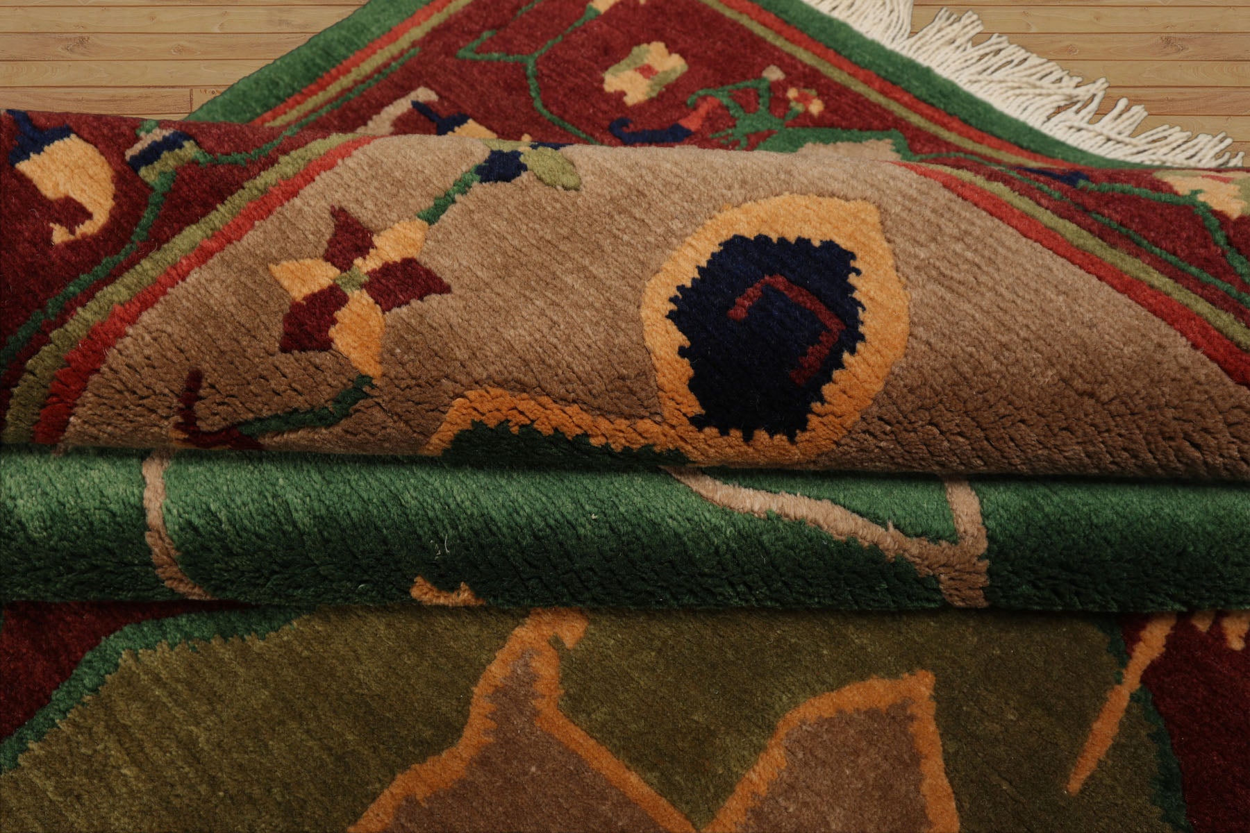8x10 Green, Chocolate, Taupe Color Hand Knotted Tibetan Wool Arts & Crafts Oriental Rug