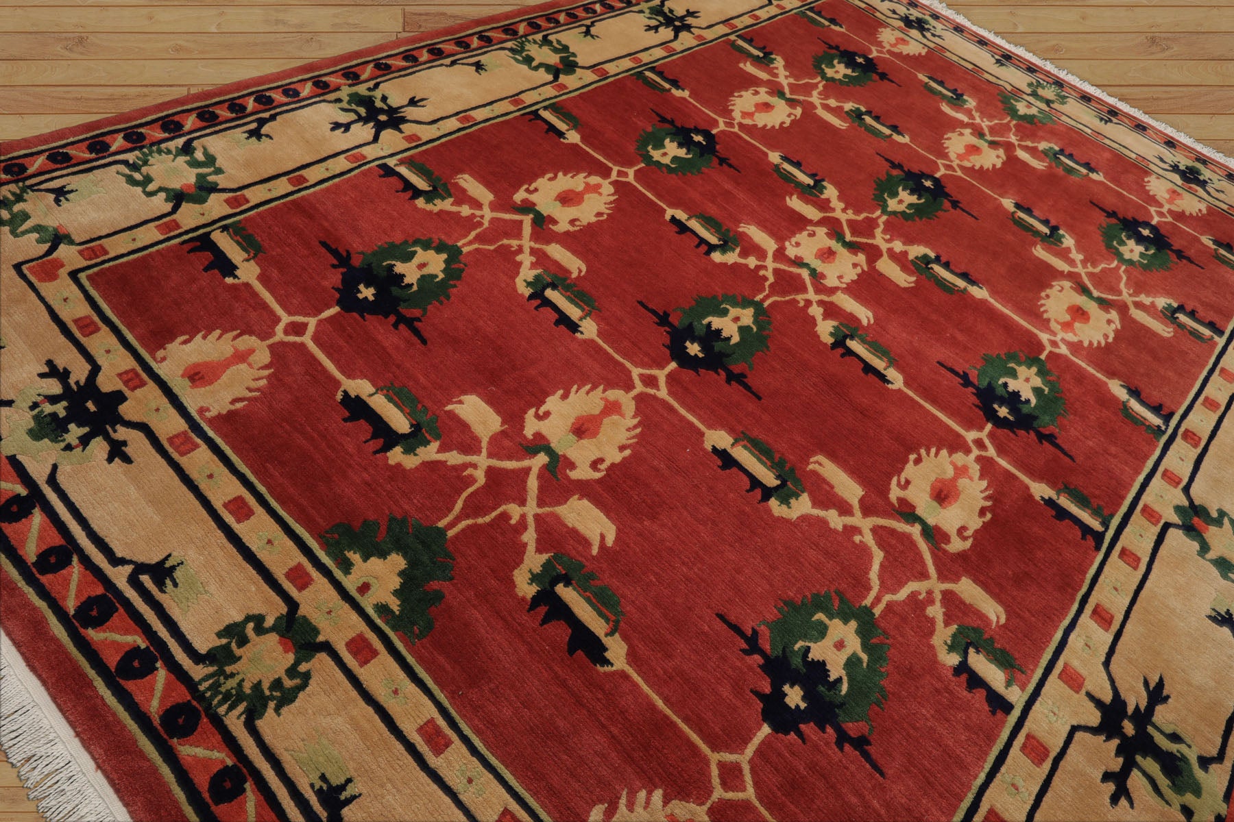 9x12 Teracotta, Light gold, Green Color Hand Knotted Tibetan Wool Arts & Crafts Oriental Rug