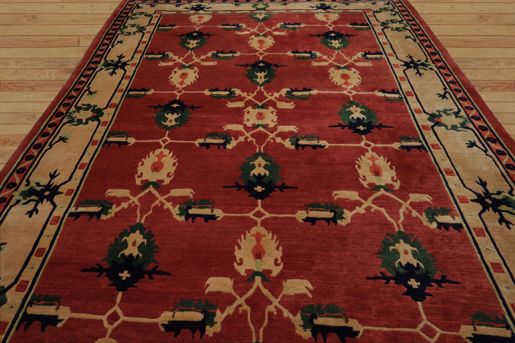 9x12 Teracotta, Light gold, Green Color Hand Knotted Tibetan Wool Arts & Crafts Oriental Rug