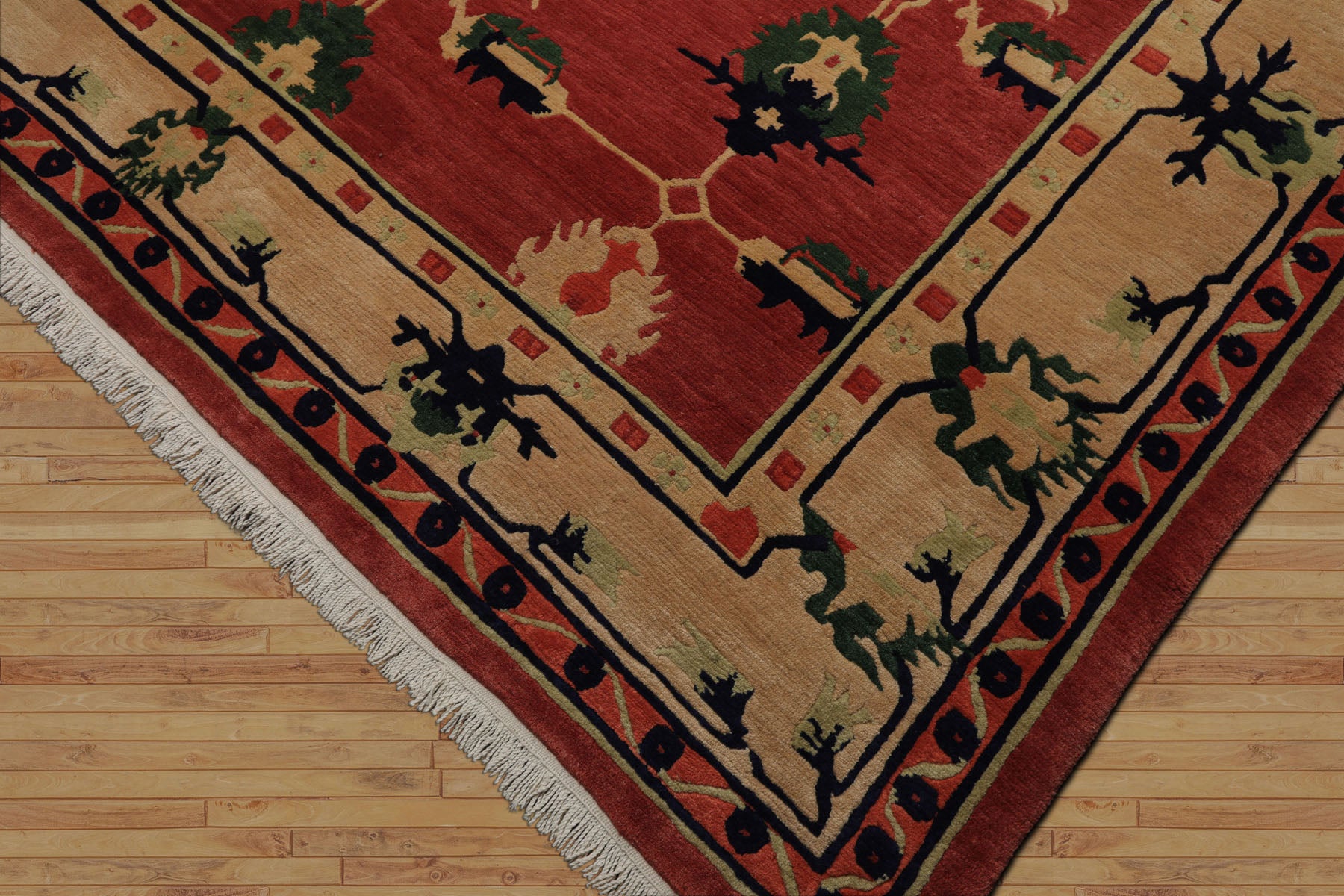 9x12 Teracotta, Light gold, Green Color Hand Knotted Tibetan Wool Arts & Crafts Oriental Rug