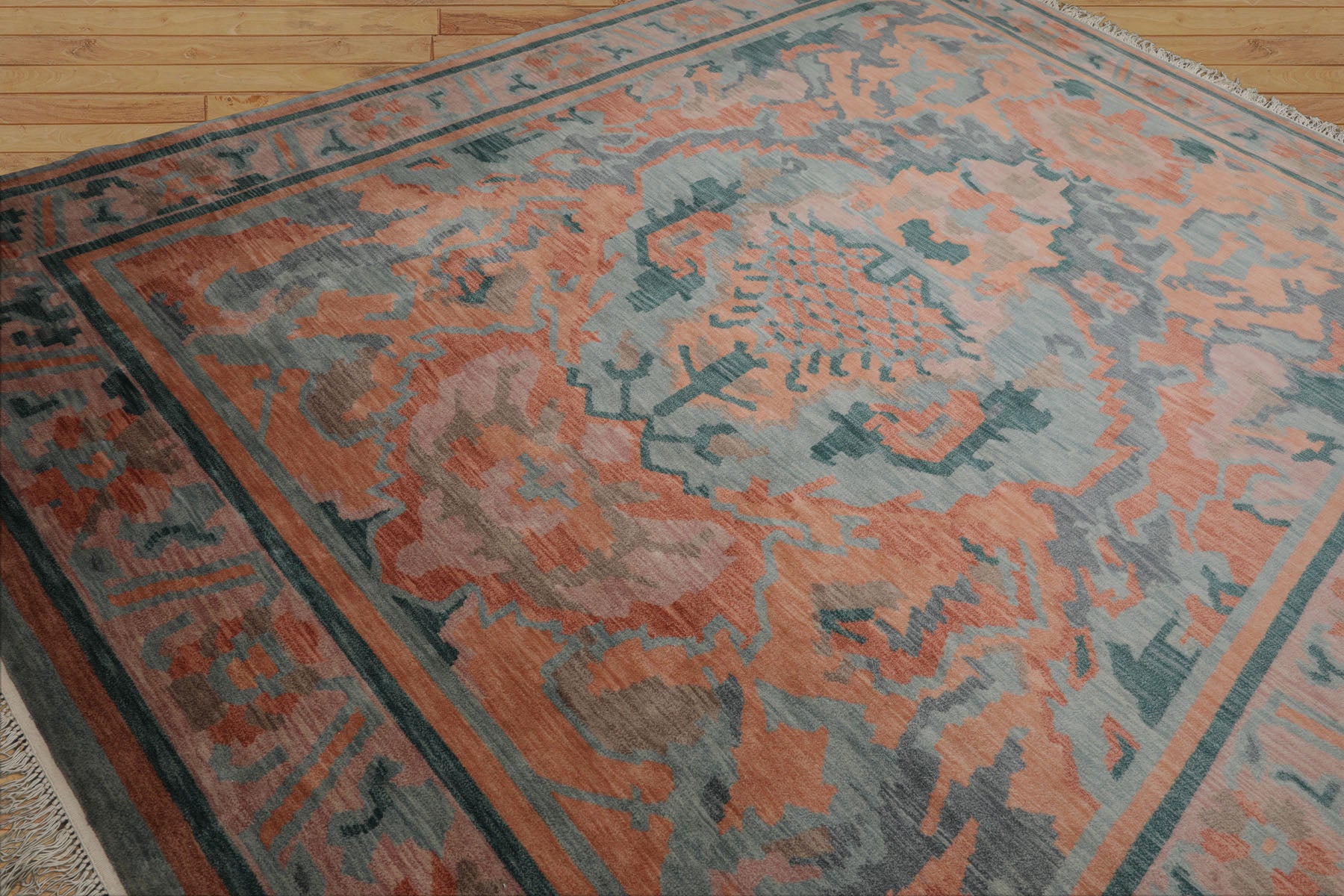 9x12 Aqua, Peach, Blue Color Hand Knotted Tibetan Wool Modern & Contemporary Oriental Rug