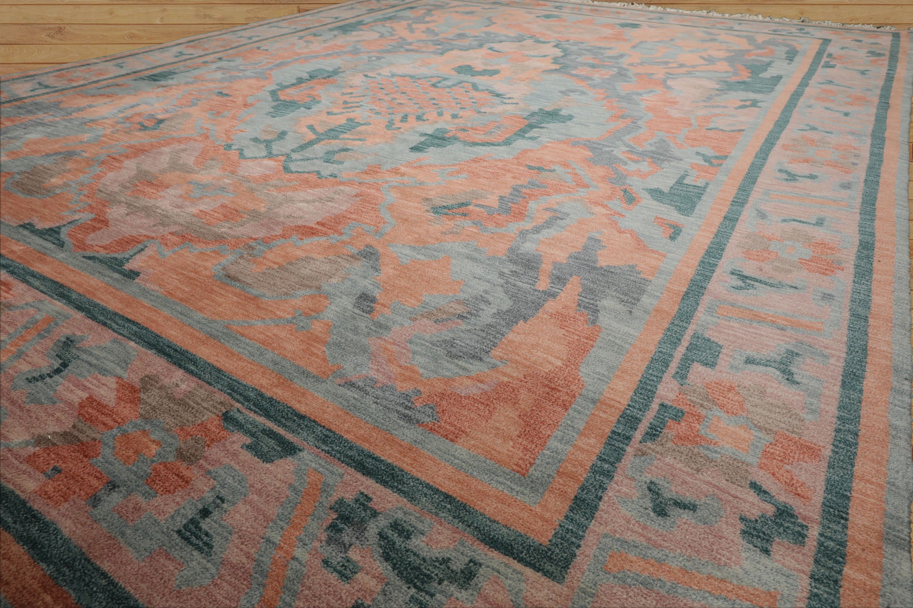 9x12 Aqua, Peach, Blue Color Hand Knotted Tibetan Wool Modern & Contemporary Oriental Rug