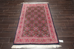 4x6 Midnight Blue, Pink, Green Color Hand Knotted All-Over 100% Wool Traditional Oriental Rug