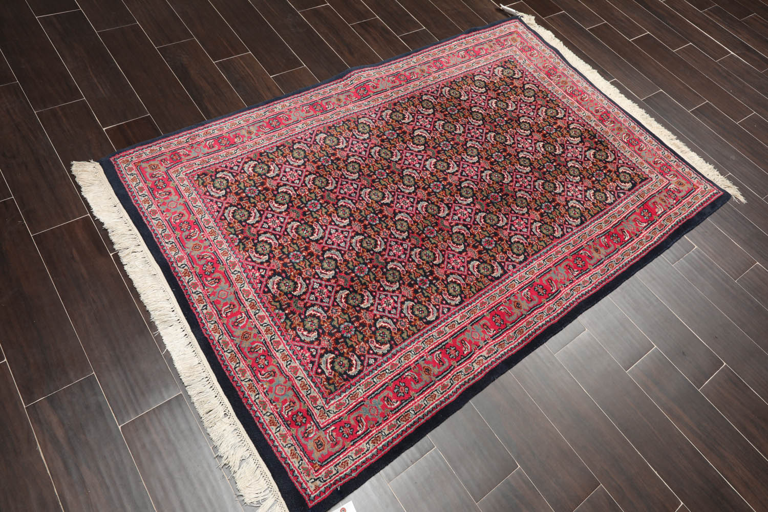 4x6 Midnight Blue, Pink, Green Color Hand Knotted All-Over 100% Wool Traditional Oriental Rug