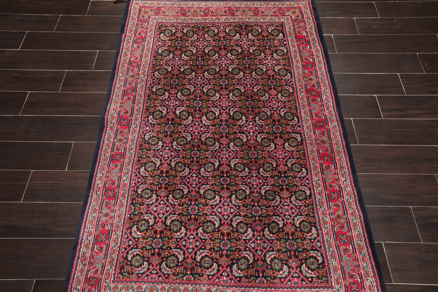 4x6 Midnight Blue, Pink, Green Color Hand Knotted All-Over 100% Wool Traditional Oriental Rug