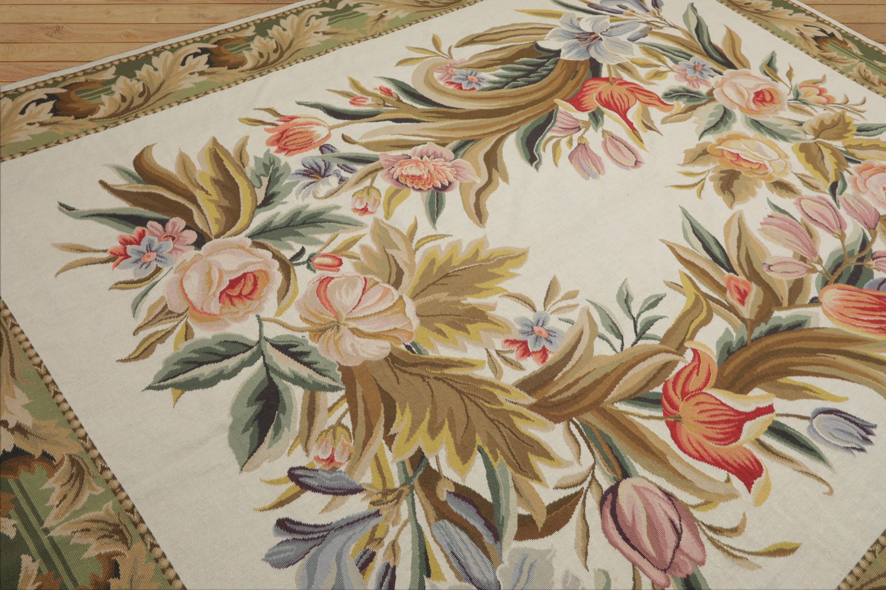 8x10 Ivory, Green, Gold Color Hand Woven French Aubusson Needlepoint  Wool Traditional Oriental Rug