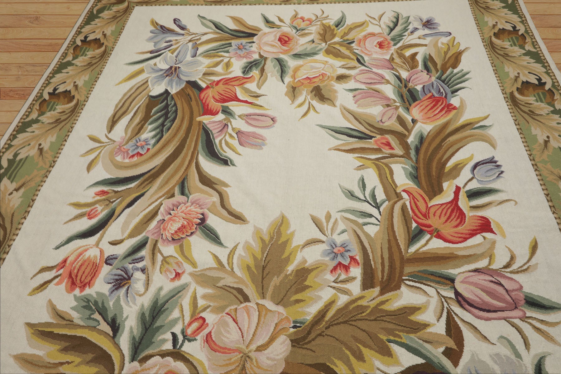 8x10 Ivory, Green, Gold Color Hand Woven French Aubusson Needlepoint  Wool Traditional Oriental Rug
