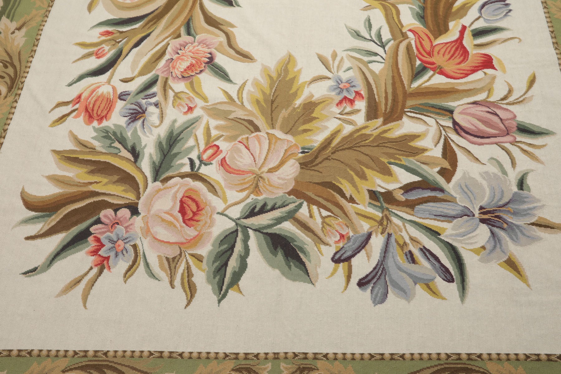 8x10 Ivory, Green, Gold Color Hand Woven French Aubusson Needlepoint  Wool Traditional Oriental Rug