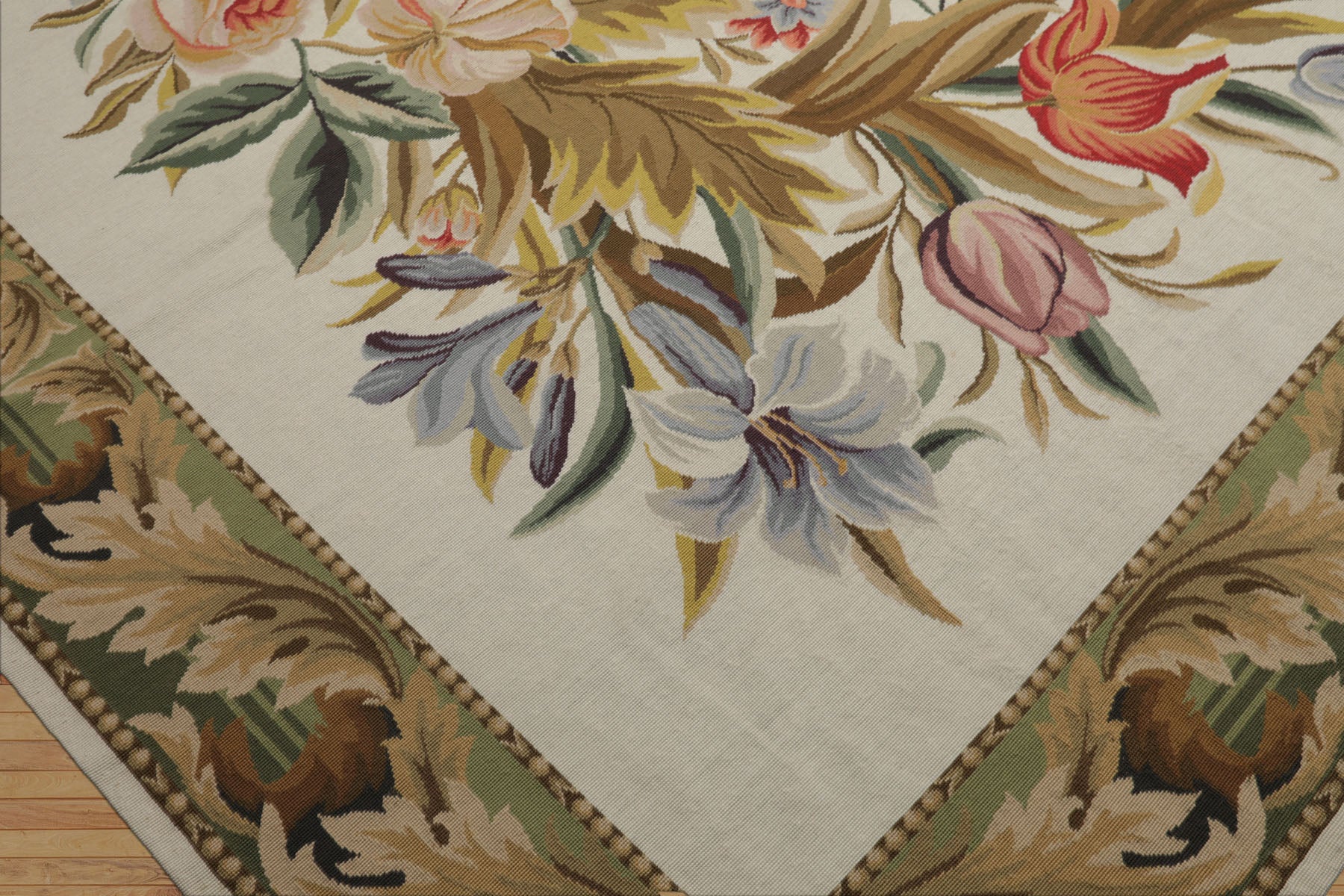 8x10 Ivory, Green, Gold Color Hand Woven French Aubusson Needlepoint  Wool Traditional Oriental Rug
