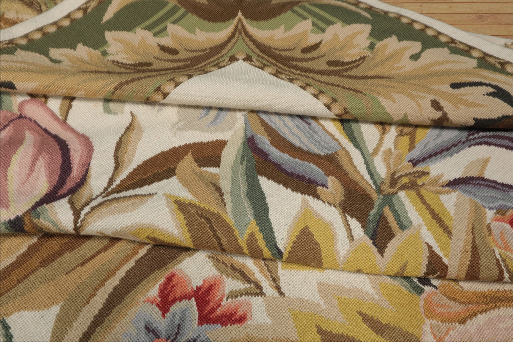 8x10 Ivory, Green, Gold Color Hand Woven French Aubusson Needlepoint  Wool Traditional Oriental Rug