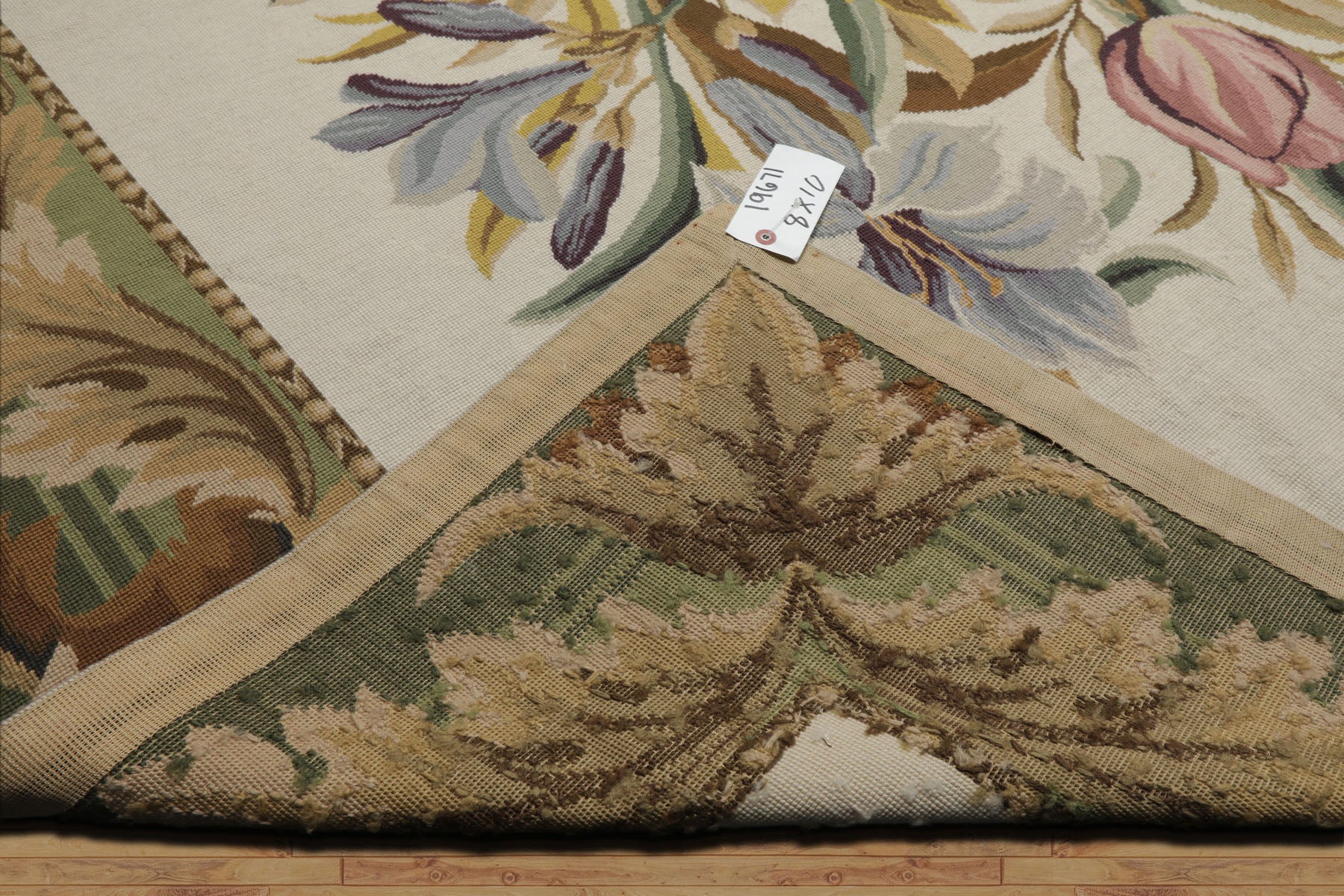 8x10 Ivory, Green, Gold Color Hand Woven French Aubusson Needlepoint  Wool Traditional Oriental Rug
