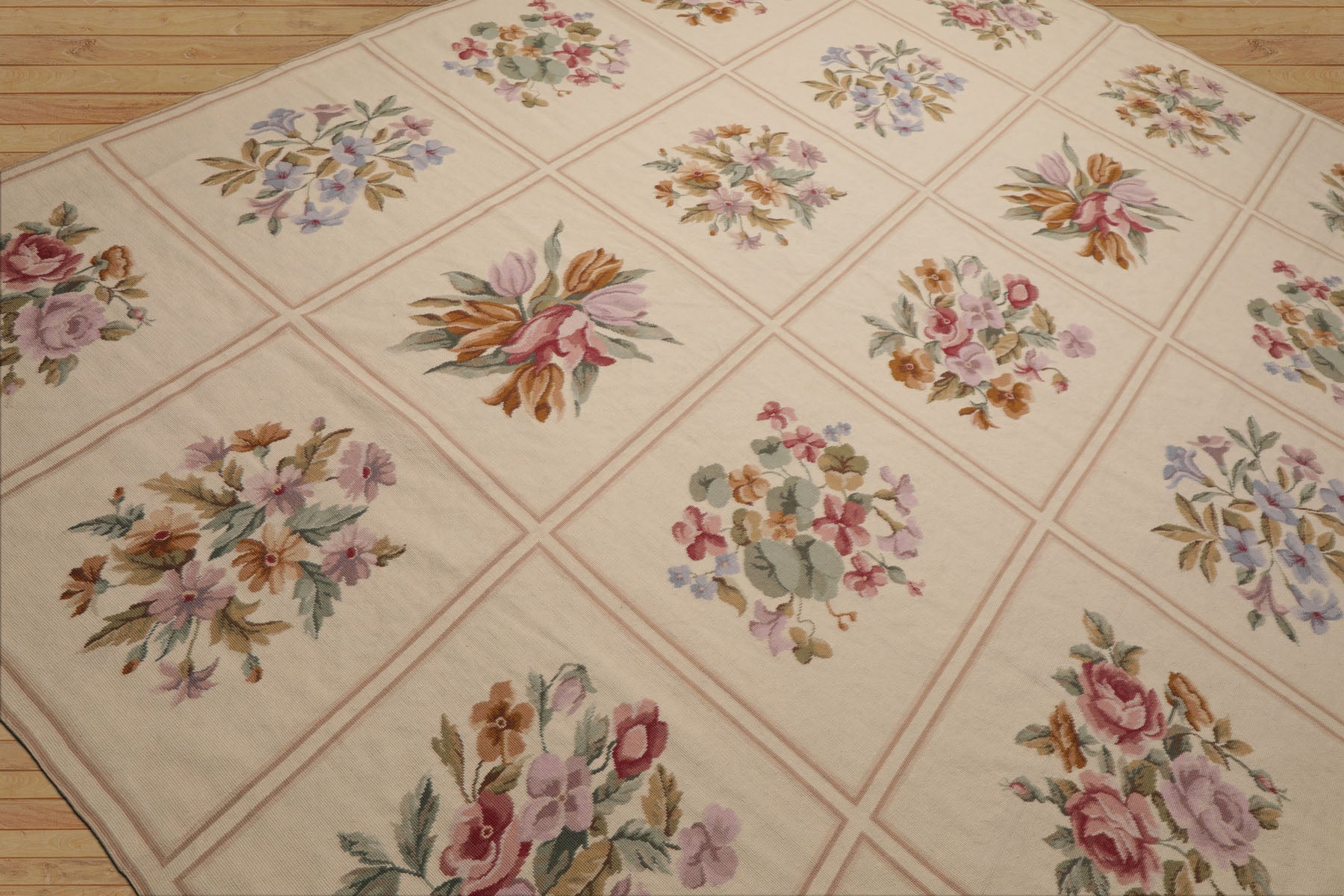 8x10 Ivory, Tan, Green Color Hand Woven French Aubusson Needlepoint  Wool Traditional Oriental Rug