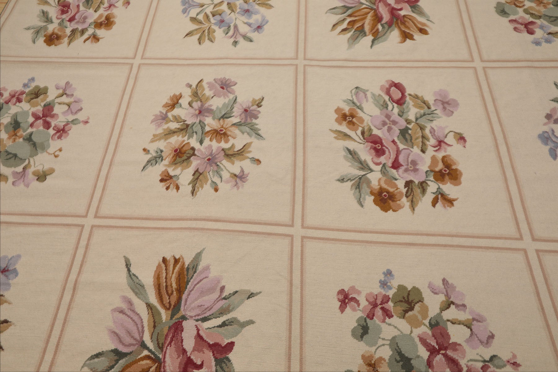 8x10 Ivory, Tan, Green Color Hand Woven French Aubusson Needlepoint  Wool Traditional Oriental Rug