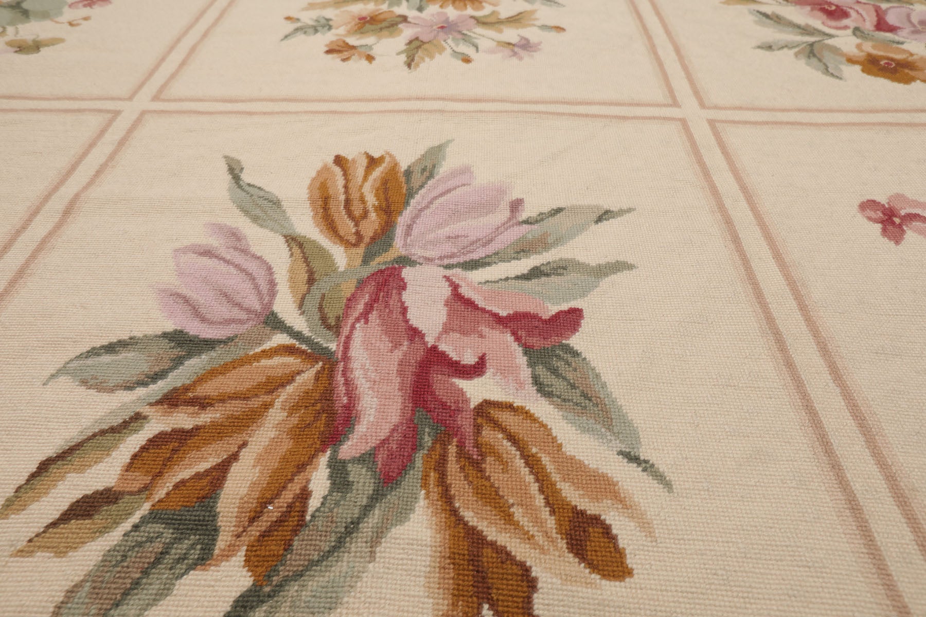 8x10 Ivory, Tan, Green Color Hand Woven French Aubusson Needlepoint  Wool Traditional Oriental Rug
