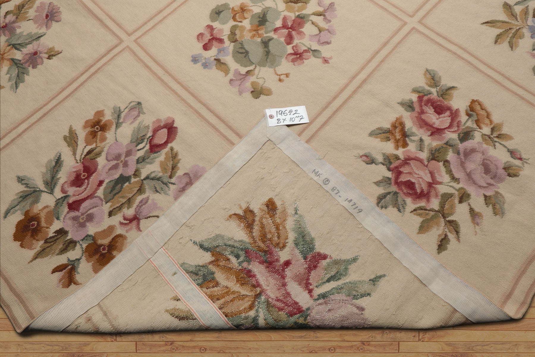 8x10 Ivory, Tan, Green Color Hand Woven French Aubusson Needlepoint  Wool Traditional Oriental Rug