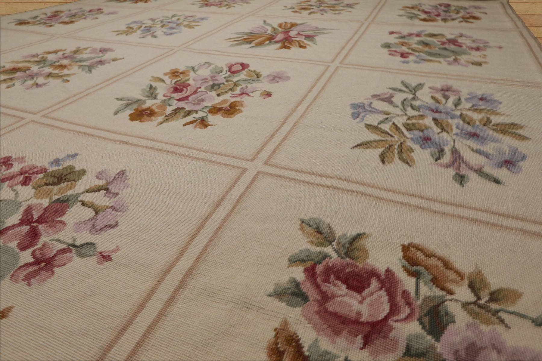 8x10 Ivory, Tan, Green Color Hand Woven French Aubusson Needlepoint  Wool Traditional Oriental Rug