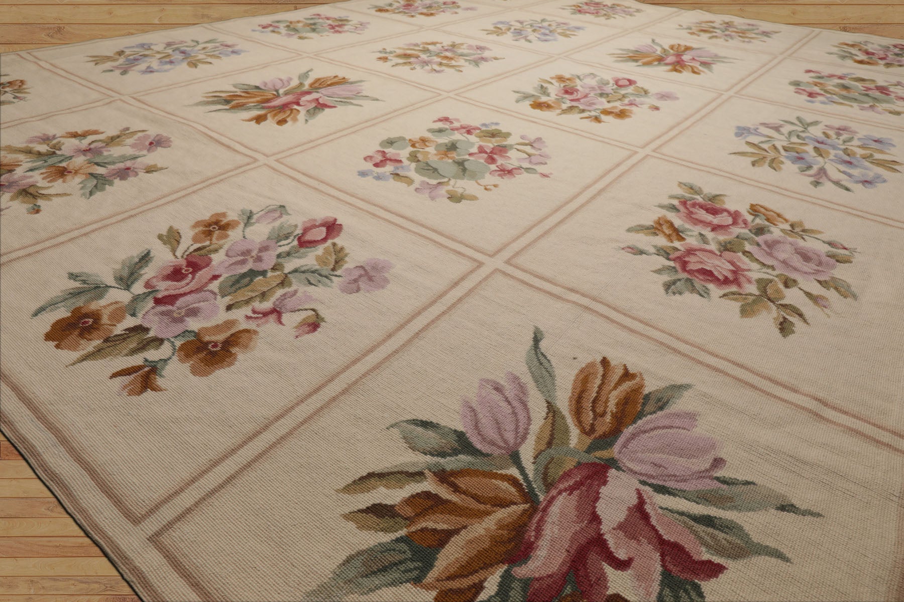 8x10 Ivory, Tan, Green Color Hand Woven French Aubusson Needlepoint  Wool Traditional Oriental Rug