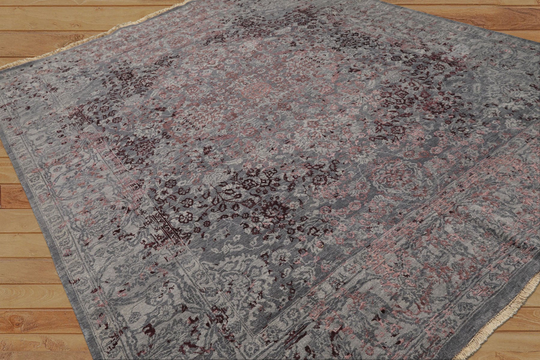 8x10 Gray, Blue, Plum Color Hand Knotted Sherpa Wool & Bamboo Silk Transitional Oriental Rug