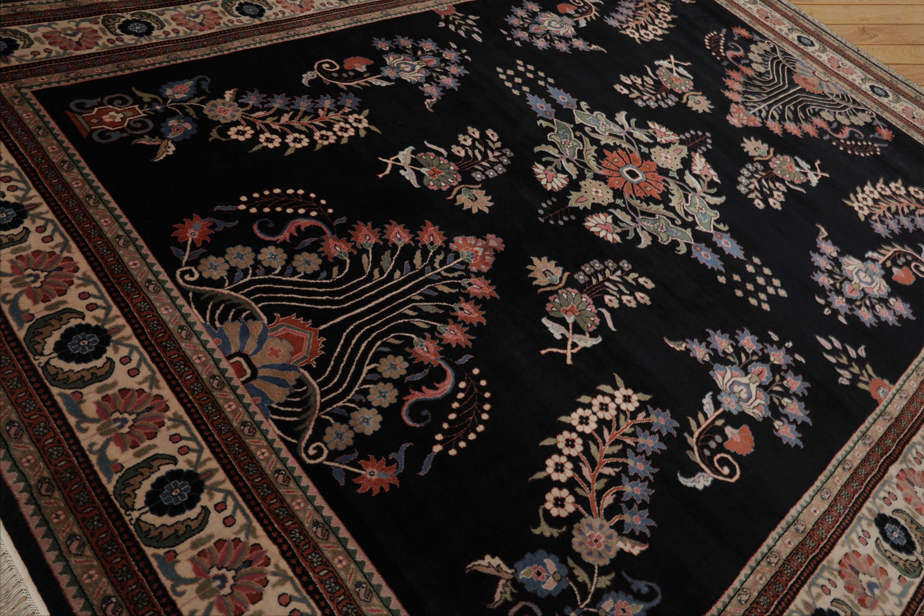 9x12 Black, Ivory, Green Color Hand Knotted Sarouk New Zealand Wool Traditional Oriental Rug